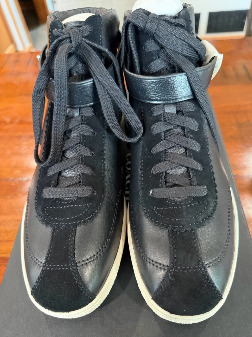 Coach Black Leather & Suede High-Top Sneakers with Cream Sole - Picture 3 of 7